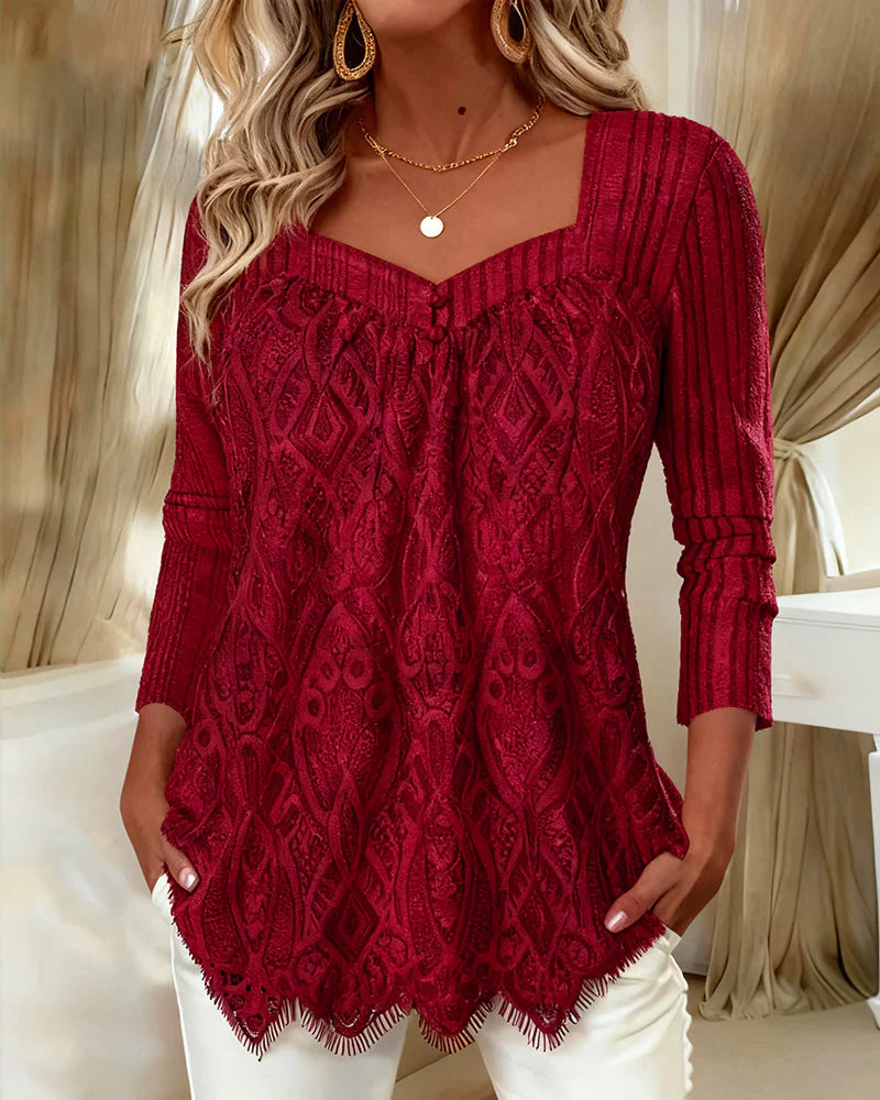 Women’s Lace-Trim Square-Neck Long-Sleeve Cotton Top