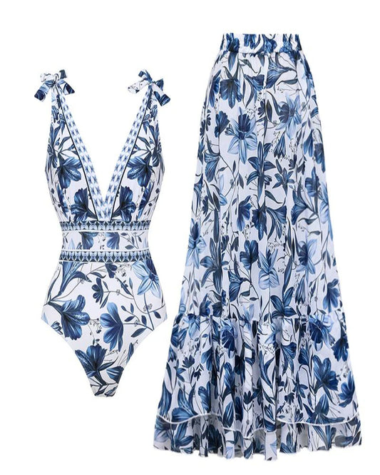 Women’s Blue Print V-Neck One-Piece Swimsuit with Matching Cover Skirt