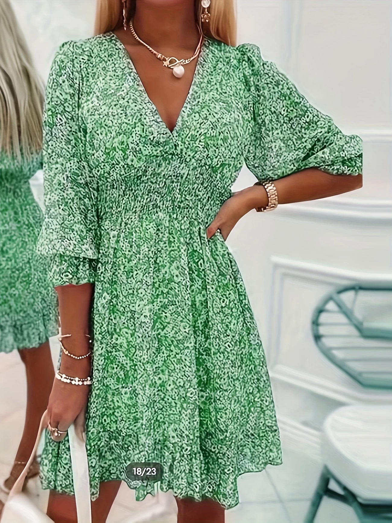 Floral Shirred V-Neck Dress – 3/4 Sleeve Spring & Fall