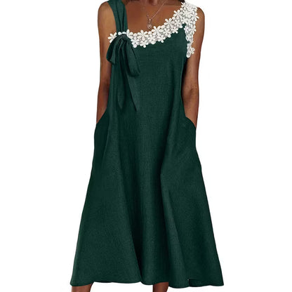 Women’s Floral Lace Trim Bow-Shoulder Midi Dress
