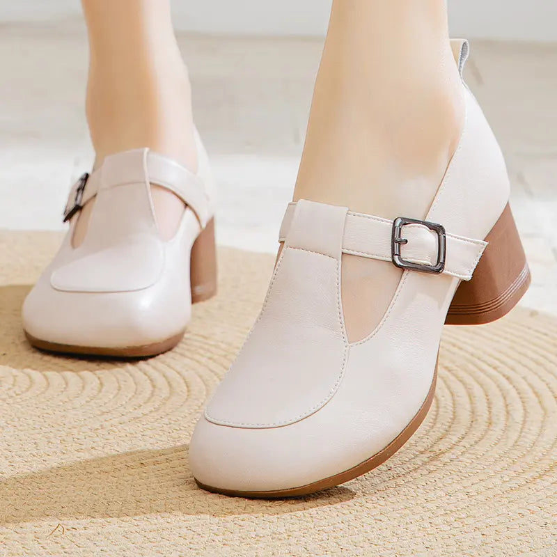 Women’s Retro Round Toe Chunky Heel Strap Shoes