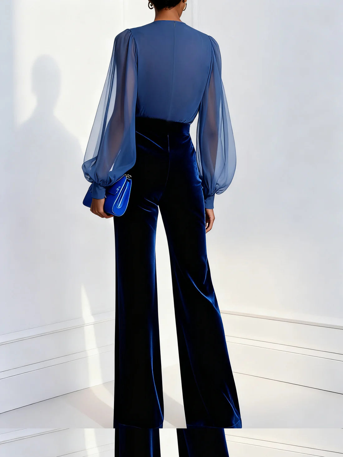 Women’s Velvet V Neck Mesh Panel Jumpsuit