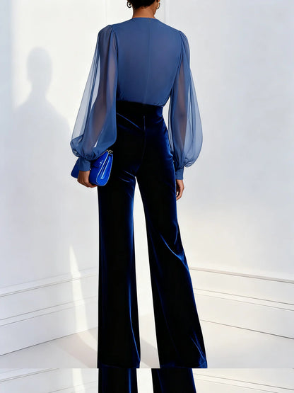 Women’s Velvet V Neck Mesh Panel Jumpsuit