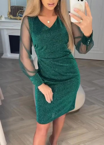 Women’s Sparkly Patchwork V-Neck Long-Sleeve Midi Dress