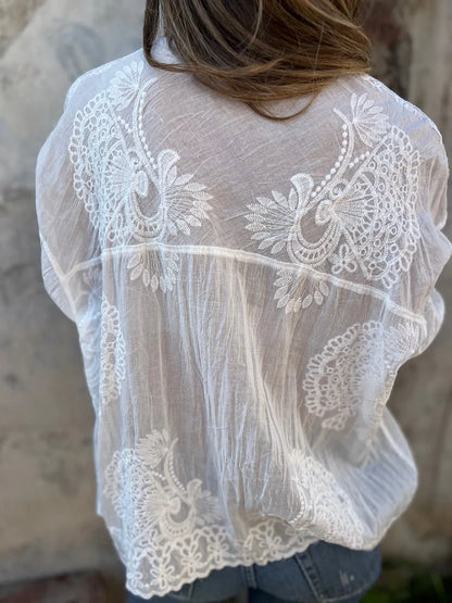 Women’s Lace Embroidered Button-Up Long Sleeve Blouse