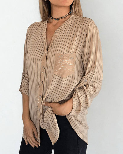 Women’s Striped Sequin Pocket Button-Up Shirt