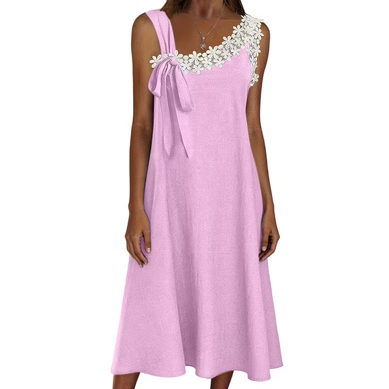 Women’s Floral Lace Trim Bow-Shoulder Midi Dress