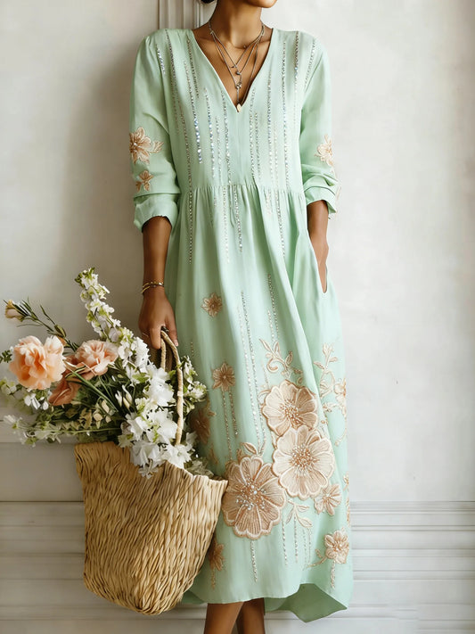 Women’s Serene Bloom V-Neck Linen Midi Dress