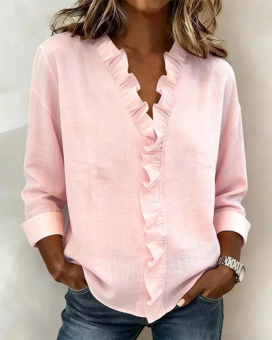Women’s V-Neck Ruffle Cotton Blend Blouse with Long Sleeves