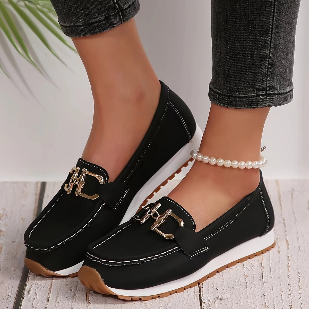 Women's Metallic Buckle Mules – Thick Sole Slip-On Loafers