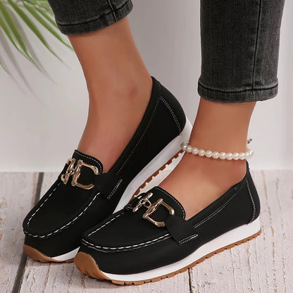 Women's Metallic Buckle Mules – Thick Sole Slip-On Loafers