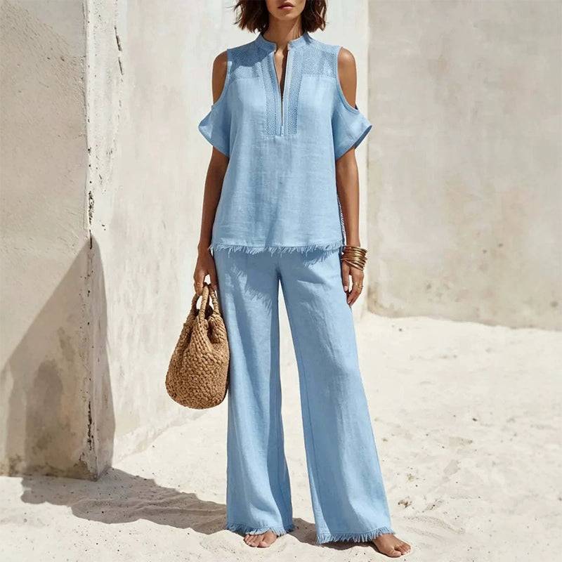 Women's Cut-Out Shoulder Top and Wide-Leg Trouser Set