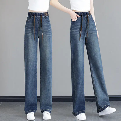 Women’s High Waist Drawstring Wide Leg Denim Trousers