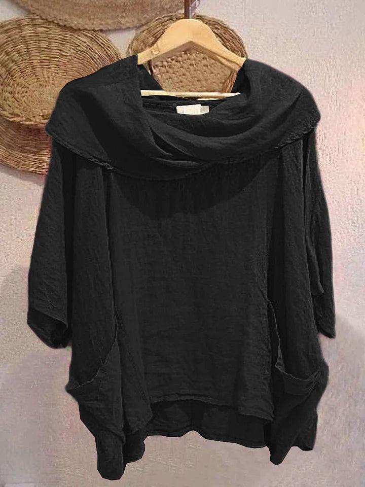 Women’s Draped Neck Linen-Blend Pocket Top