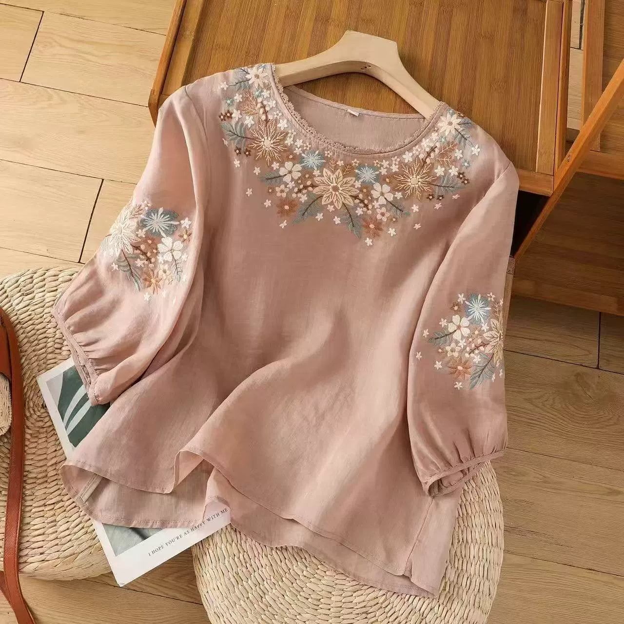 Women’s Loose Embroidered Summer Top with 3/4 Sleeves