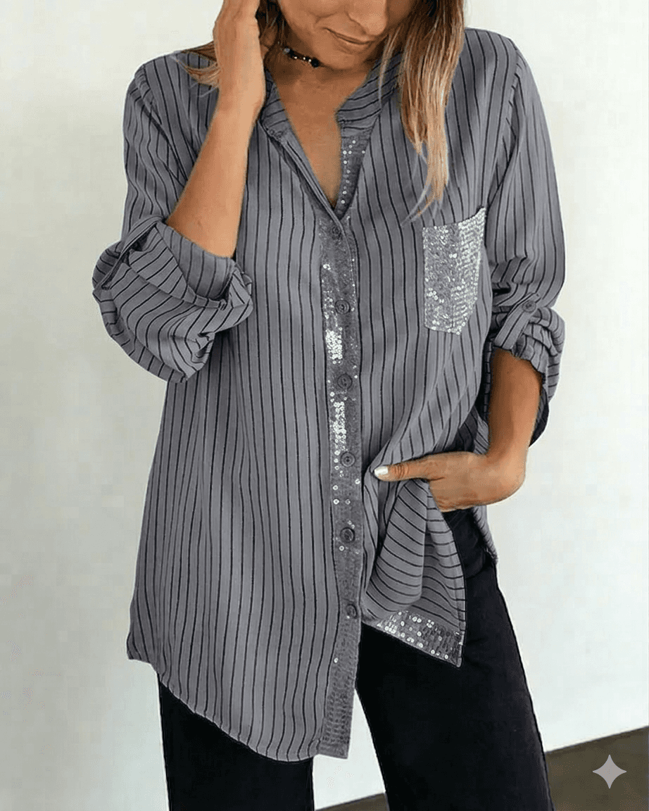 Women’s Striped Sequin Pocket Button-Up Shirt
