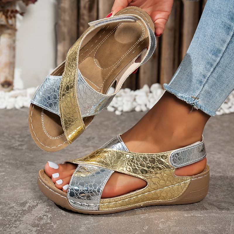 Women’s Metallic Snake-Print Wedge Sandals with Adjustable Strap