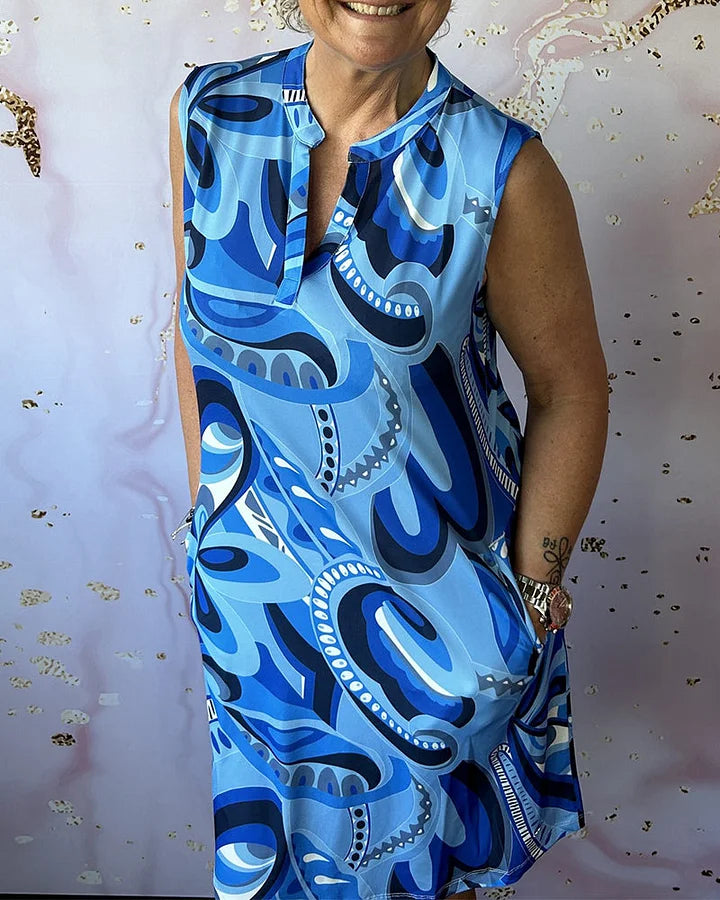 Women’s Printed Sleeveless Stand Collar Pocket Dress