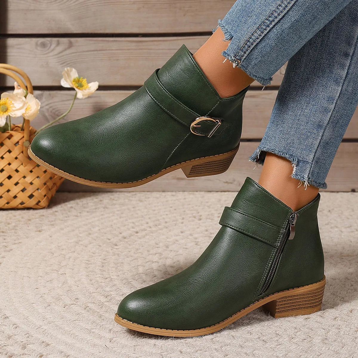 Women’s Comfortable Chunky Heel Leather-Look Ankle Boots