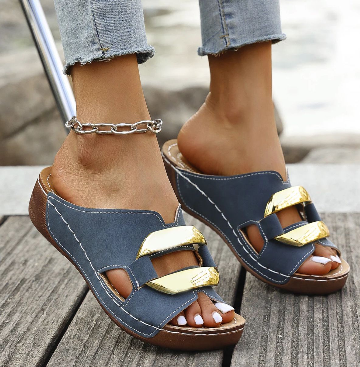 Women's Sandals with Wide Toe, Metal Buckle and Embellishment