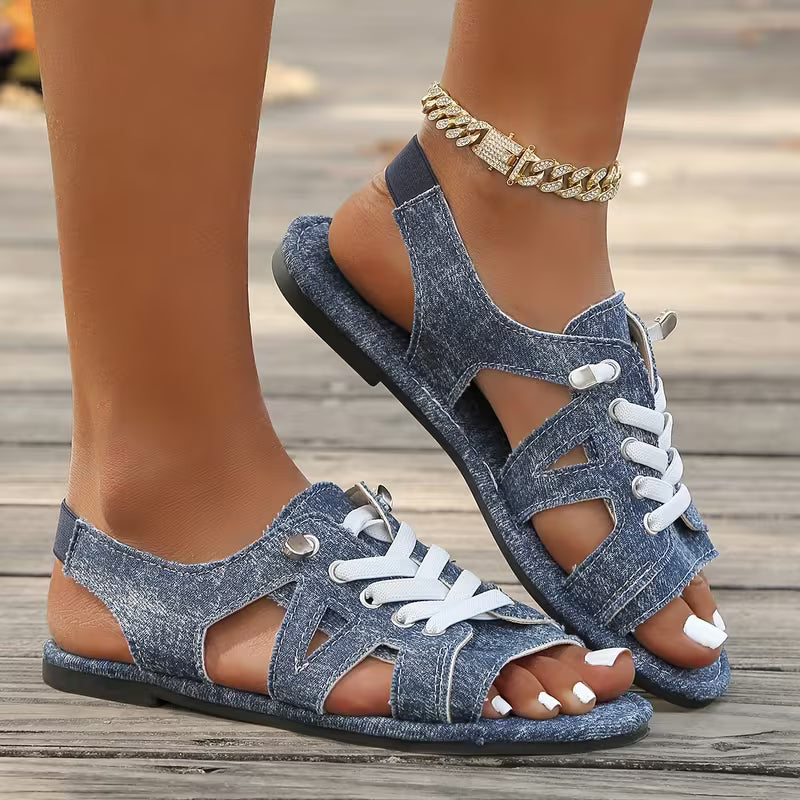 Women’s Denim-Look Lace-Up Flat Sandals