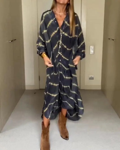 Women’s Boho Stripe Long-Sleeve V-Neck Maxi Dress