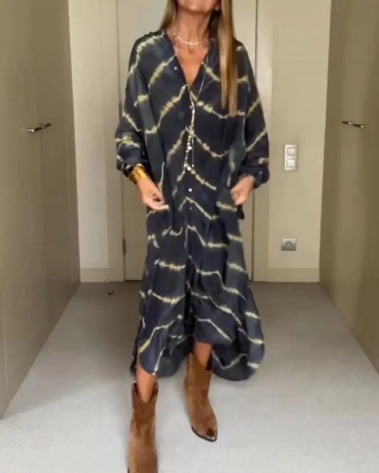 Women’s Boho Stripe Long-Sleeve V-Neck Maxi Dress