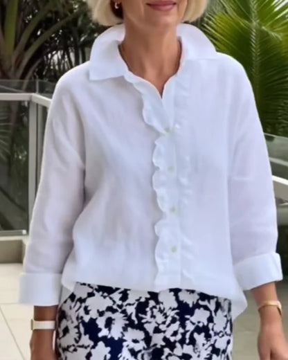 Women’s Plain Ruffle-Front Collar Blouse with Long Sleeves