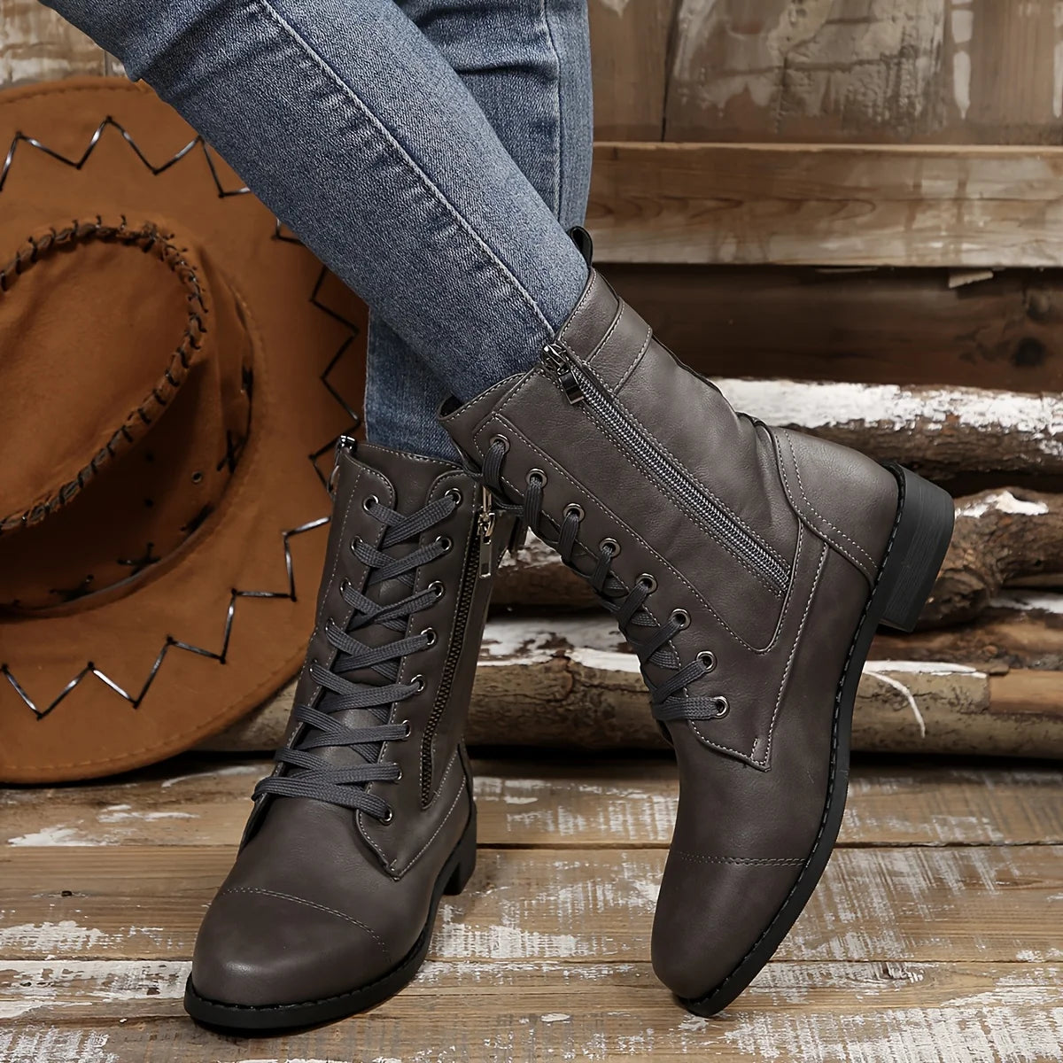Women’s Classic Zipper Mid-Calf Leather-Look Boots