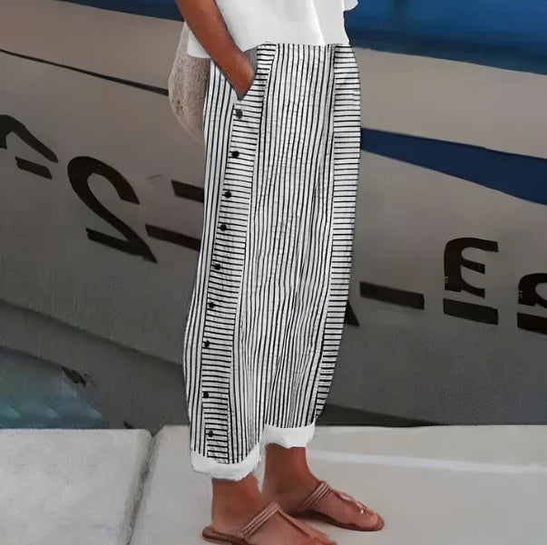 Women’s Blue Striped Lightweight Trousers with Side Pockets