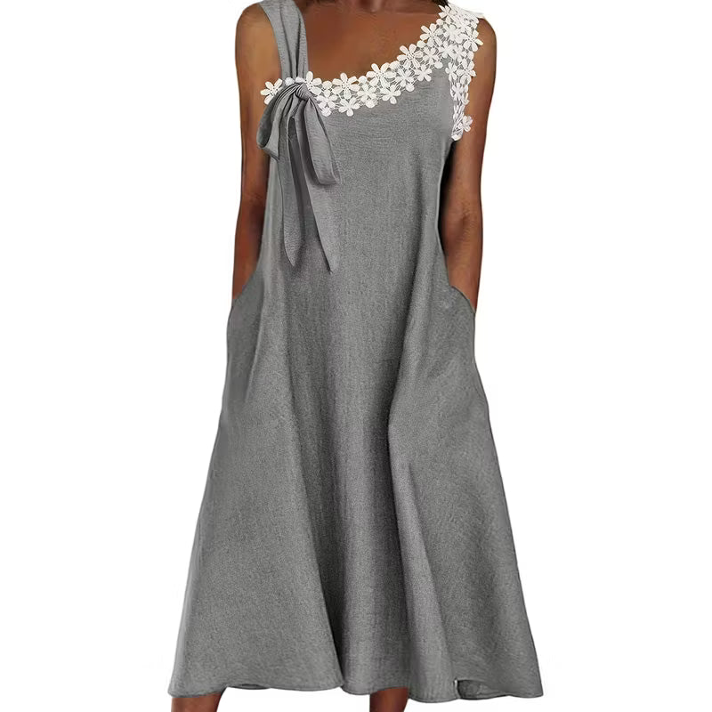 Women’s Floral Lace Trim Bow-Shoulder Midi Dress
