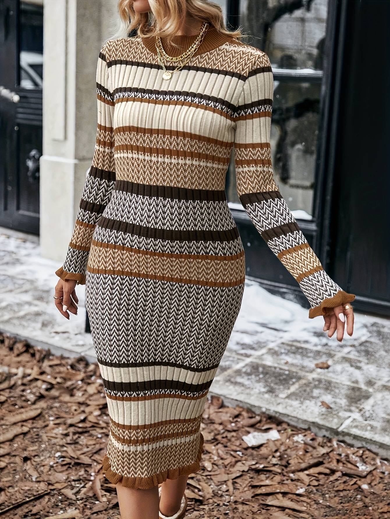 Women’s Striped Ribbed Bodycon Sweater Dress