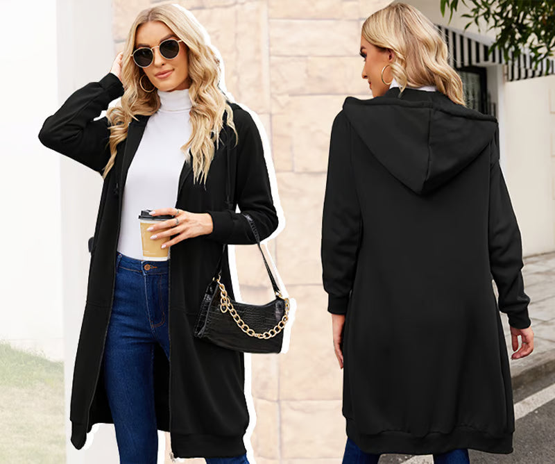 Women's Long Fleece Hooded Zip-Up Top