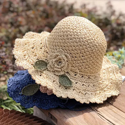 Handmade Elegant Crochet Straw Hat with Ruffle Detail