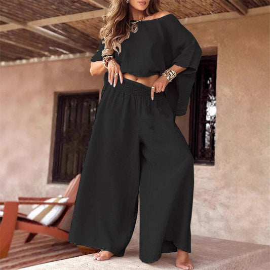 Women’s Off Shoulder Top and Wide Leg Trousers Two Piece Set