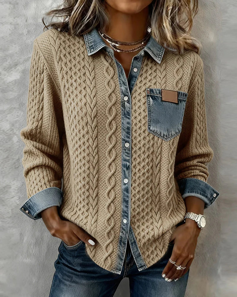 Women’s Cable-Knit Denim Trim Button Shirt