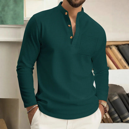 Men’s Textured Mandarin Collar Linen-Feel Shirt
