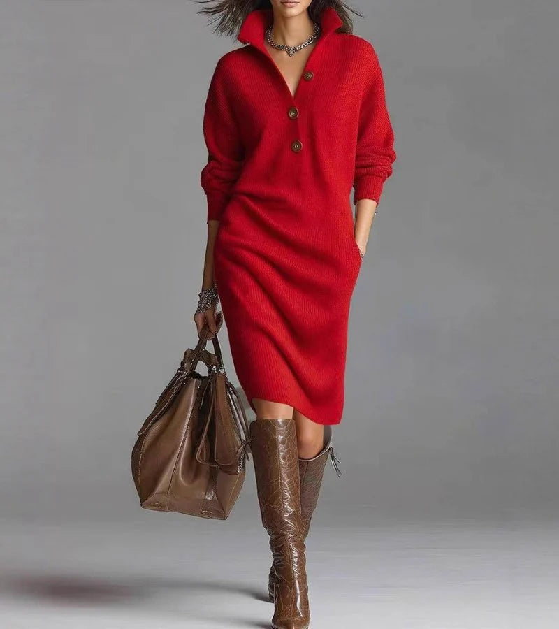 Women’s High-Collar Button-Detail Warm Knit Midi Dress