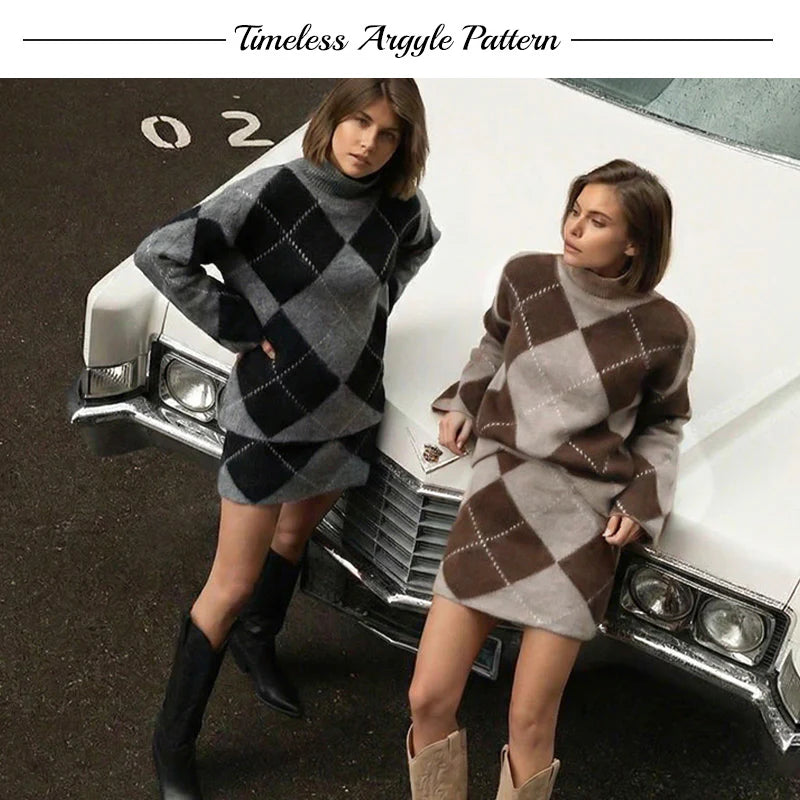Women’s Argyle Knit Sweater and Mini Skirt Two Piece Set