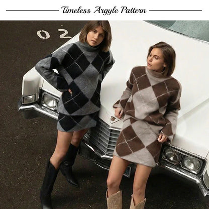 Women’s Argyle Knit Sweater and Mini Skirt Two Piece Set
