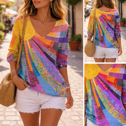 Women’s Colourful Patchwork V-Neck Blouse