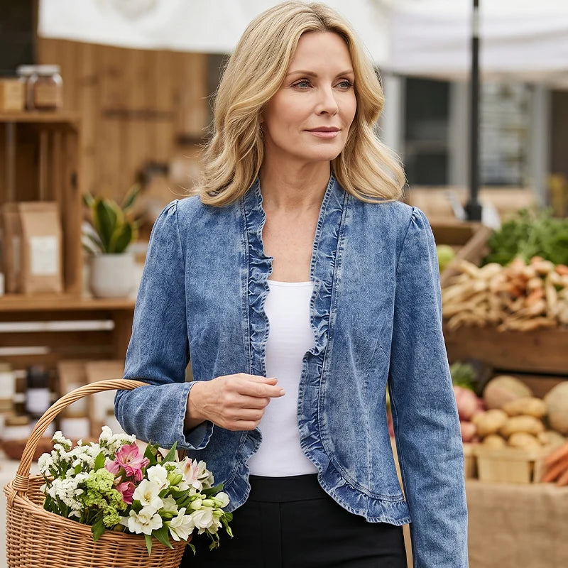 Women’s Ruffle-Trim Open-Front Denim Jacket
