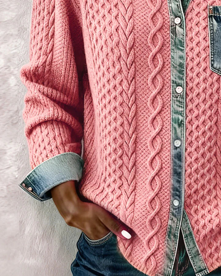 Women’s Cable-Knit Denim Trim Button Shirt
