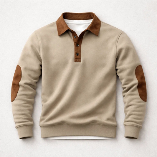 Men’s Brushed Cotton Polo Pullover with Suede Effect Panels