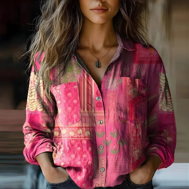 Women’s Vintage Printed Button-Up Blouse