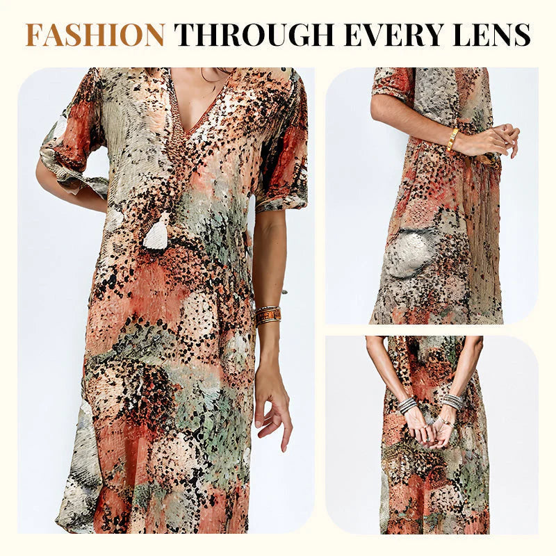 Women's Printed V-Neck Midi Dress