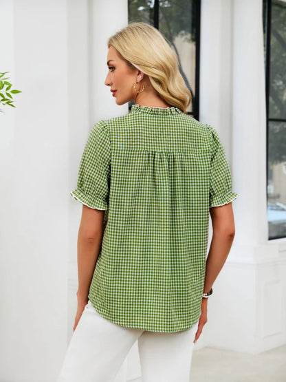 Women's Gingham Ruffle Neck Blouse