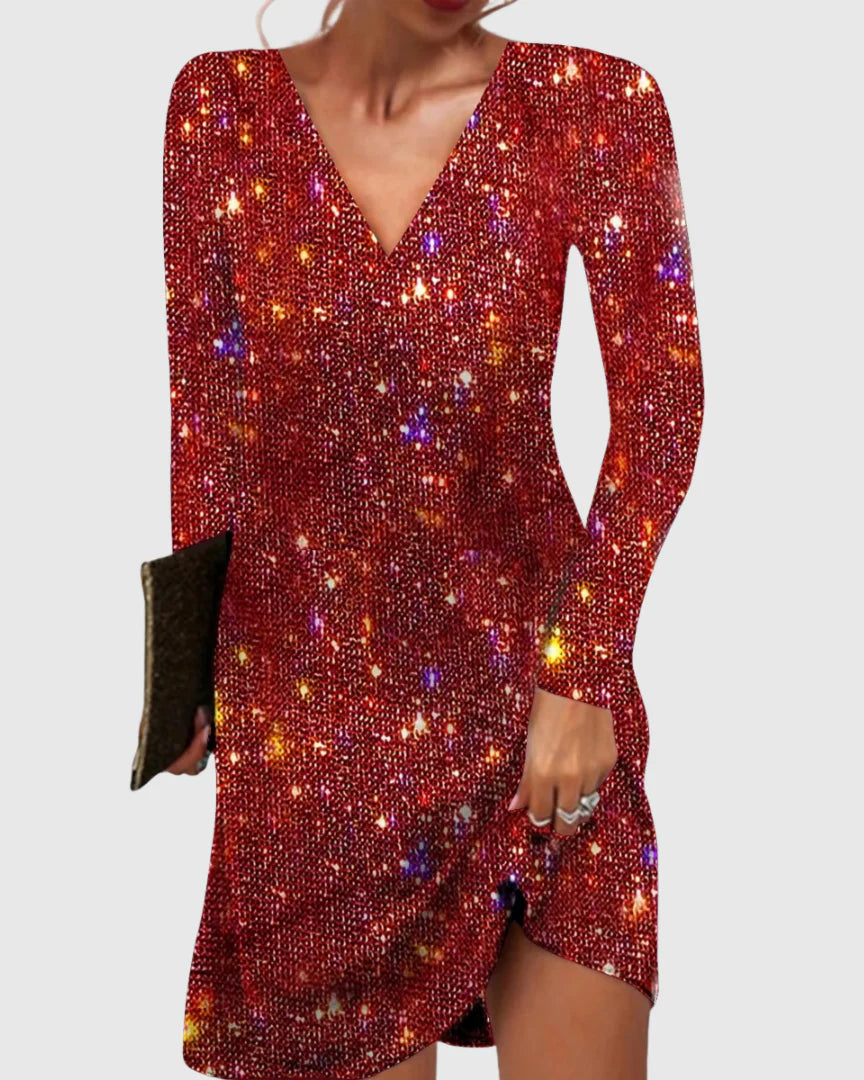 Women’s Sequin V-Neck Long-Sleeve Mini Dress