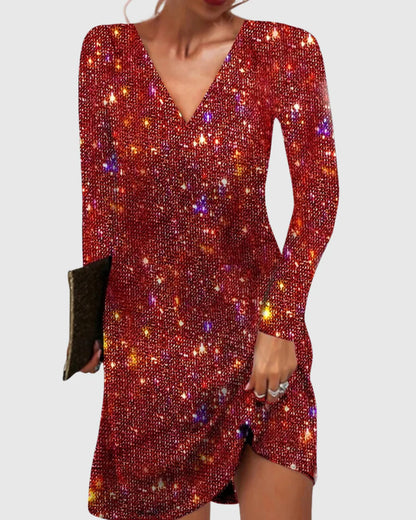 Women’s Sequin V-Neck Long-Sleeve Mini Dress