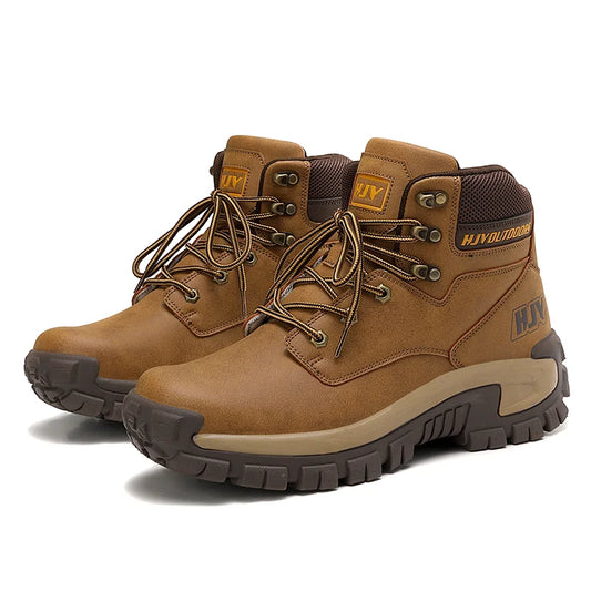 (🤜Work Hard For 5+ Years) Men Leather-Look Motorcycle Boots Waterproof Non-Slip Anti-Puncture Anti-Sprain Hiking Work Boots